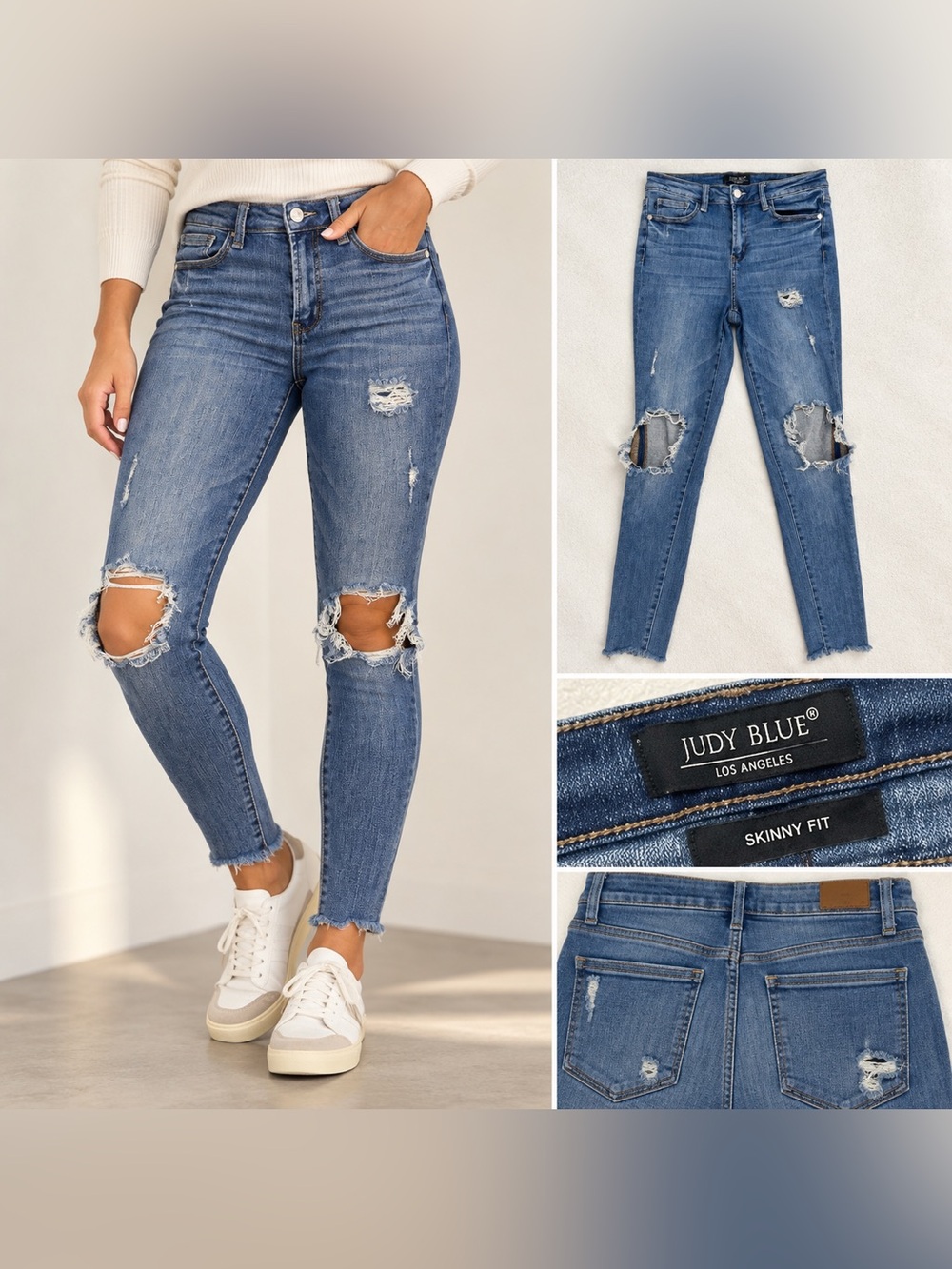 Judy Blue Jeans Womens 7/28 Skinny Distressed Ripped Knees Raw Hem Stretch Denim